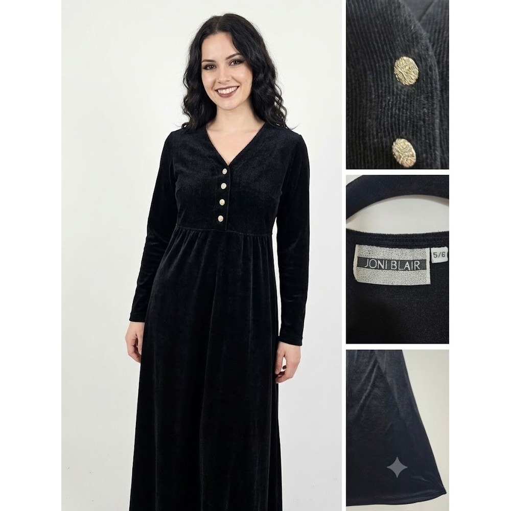 Vintage 90s Joni Blair Dress SM Black Velvet Ribbed Maxi Whimsigoth Gold